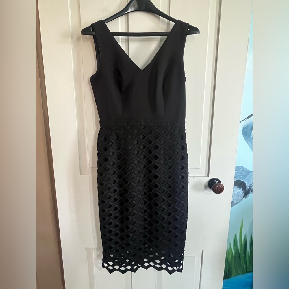 White House Black Market Black V-Neck Sleeveless Midi Dress with Lattice Skirt